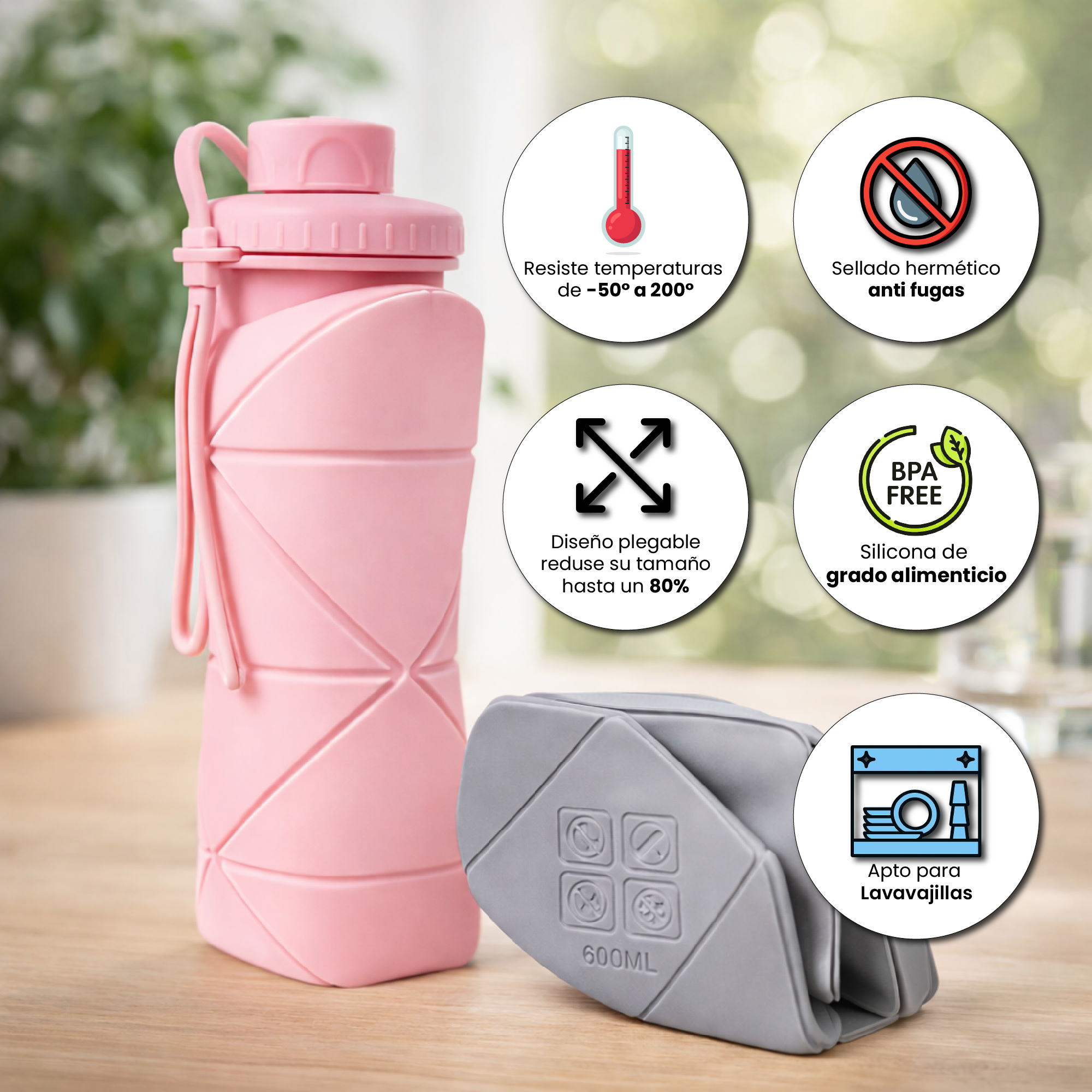 Vista 2 de Botella Plegable Silicona Agua Portatil - COLOR: VERDE